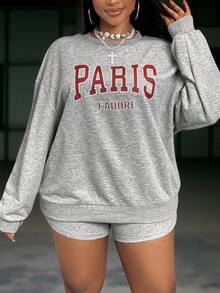 Slaydiva 2025 秋冬新品女士休闲花卉印花长袖宽松圆领图案T恤和阔腿短裤休闲套装，面料柔软大码女士运动服 - 灰色 - 查看 3