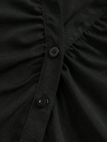 Girlism Teen Girl V-Collar Ruffle Flared Sleeve Blouse, Waist Cinched , Black Long Sleeve Shirt, Witchy ,Button Down Blouse, Concert, Airport, New Year, Valentine Black Button Up Shirt Bell Sleeve Blouse Formal Fall Winter - Black - View 3