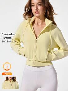 GLOWMODE Fleece Cozy Soft Ribbed Cuffs Hem Thumbholes Detachable Hood Cropped Zip-Up Sweatshirt Daily Casual Wear