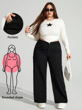 Enliva Plus Size Women Pocket Loose Wide Leg Casual Versatile Jeans/Autumn /Winter