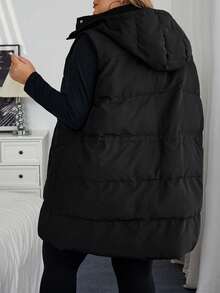 SHEIN CURVE+ Áo khoác mùa đông có mũ trùm đầu màu trơn cỡ lớn, tay dài dày dặn, áo khoác mùa đông/Mùa thu/Mùa đông - màu đen - Xem 2