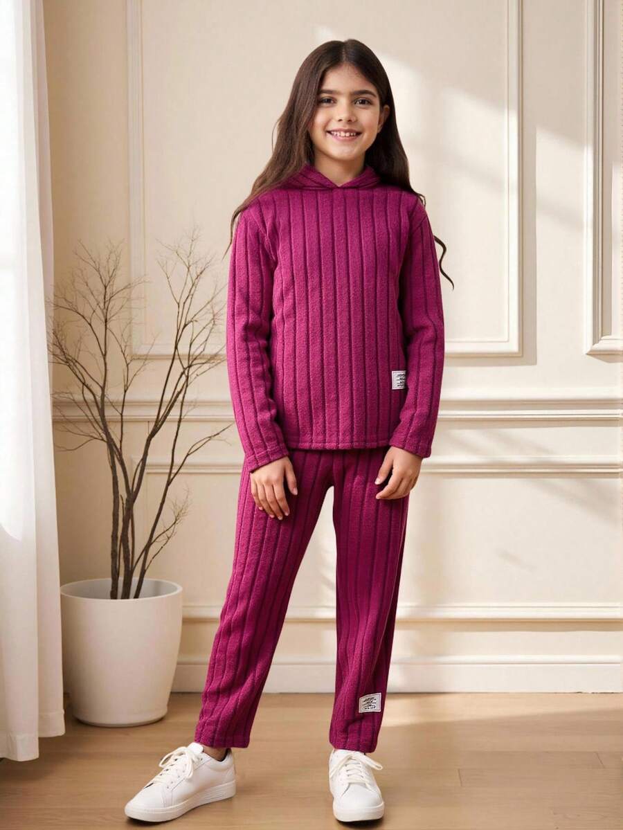 SHEIN 青少女字母拼接垂肩連帽t恤＆緊身褲 - 玫紅色 - 查看 1