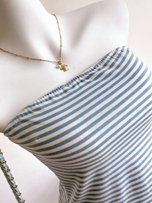 Teenage Girls Casual Minimalist Blue And White Striped Knit Tube Top Versatile Camisole - Multicolor - View 3