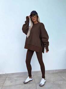 INAWLY Women's Solid Color Round Neck Long Sleeve Side Slit Hem Loose Sweatshirt And Pants Casual 2 Pieces Set, Spring & Fall - Coffee Brown - View 5