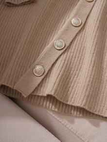 Franclia 秋冬新款纯色百搭V领金扣开衫，修身长袖针织修身连衣裙，优雅精致简约时尚日常通勤性感商务弹力罗纹领毛衣连衣裙 - 杏色 - 查看 7