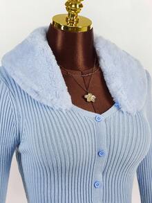 Y2K Amplova 女式休闲修身纯色长袖开衫，适合日常穿着淡蓝色上衣女式仿皮草饰边上衣秋冬 - 淺藍色 - 查看 5