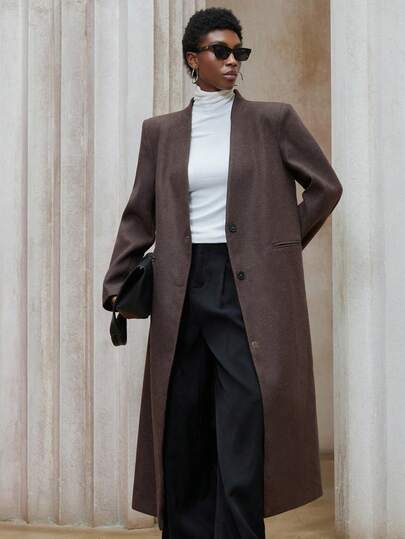 Aveloria Modichic 女士秋冬立领V领长袖宽松单排扣长款大衣