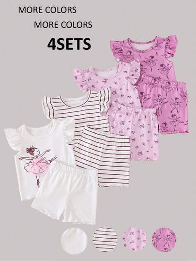 SHEIN 8pcs/Set Baby Girls 0-3 Years Spring/Summer Casual Daily Wear Cute Ballet Girl Sleeveless Tee Shirt & Shorts 8pcs Outfit Set