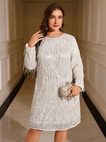 Gownix 大码女装连衣裙，优雅亮片流苏装饰短款紧身连衣裙，七分袖派对鸡尾酒会女装 - 杏色 - 查看 3