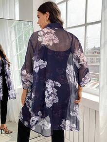 SHEIN Clasi 大码优雅复古七分袖长款花卉印花雪纺衬衫