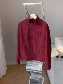 Comfortcana 秋冬女士杏色抽绳口袋编织连帽防晒夹克 - 酒紅色 - 查看 3