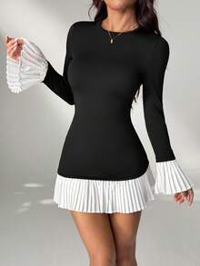 SHEIN PETITE Rochie de vară scurtă și elegantă pentru femei, cu guler rotund și mânecă lungă, culoare solidă, cu imprimeu floral, stil casual - Negru - Vizualizare 9