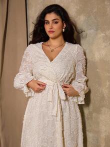 Roveilla Plus Size Autumn/Winter Cutout Floral Ruffle Sleeve Elegant Dress - Apricot - View 4