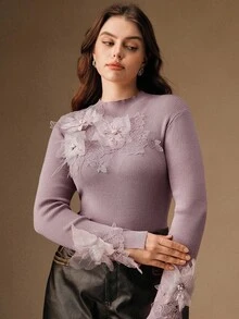 Anewsta Áo len dài tay thanh lịch cổ tròn đính hạt 3D dành cho nữ, áo chui đầu Giáng sinh cho Lễ Tạ ơn, Mùa thu/Đông - Bụi hồng - Xem 4