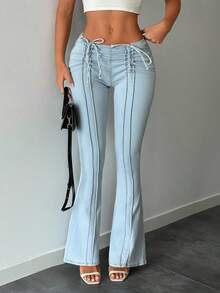 Siren Gaze Women's Solid Color Drawstring Waist Jeans With Pockets And Flared Legs - Blue - View 3