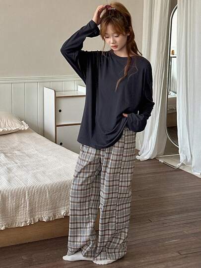 DAZY 少女宽松舒适格子直筒裤休闲家居服，秋季