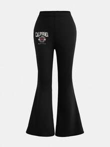 SHEIN Girlism 2pcs Tween Girls Casual Minimalist Letter Print Loose Short Sleeve T-Shirt And Flare Pants Set - Black - View 9