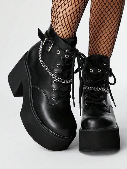 Grunge Punk Women's Punk Style Chunky Heel Black Ankle Boots
