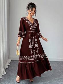 Elenzga Christmas Plus Size Women Placement Print Beach Dress, Bohemian Style - Burgundy - View 4