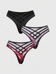 ROMWE J-Fashion 3pcs/Set Women's Leopard Print Lip Pattern Criss-Cross Thong Panties - Multicolor - View 2