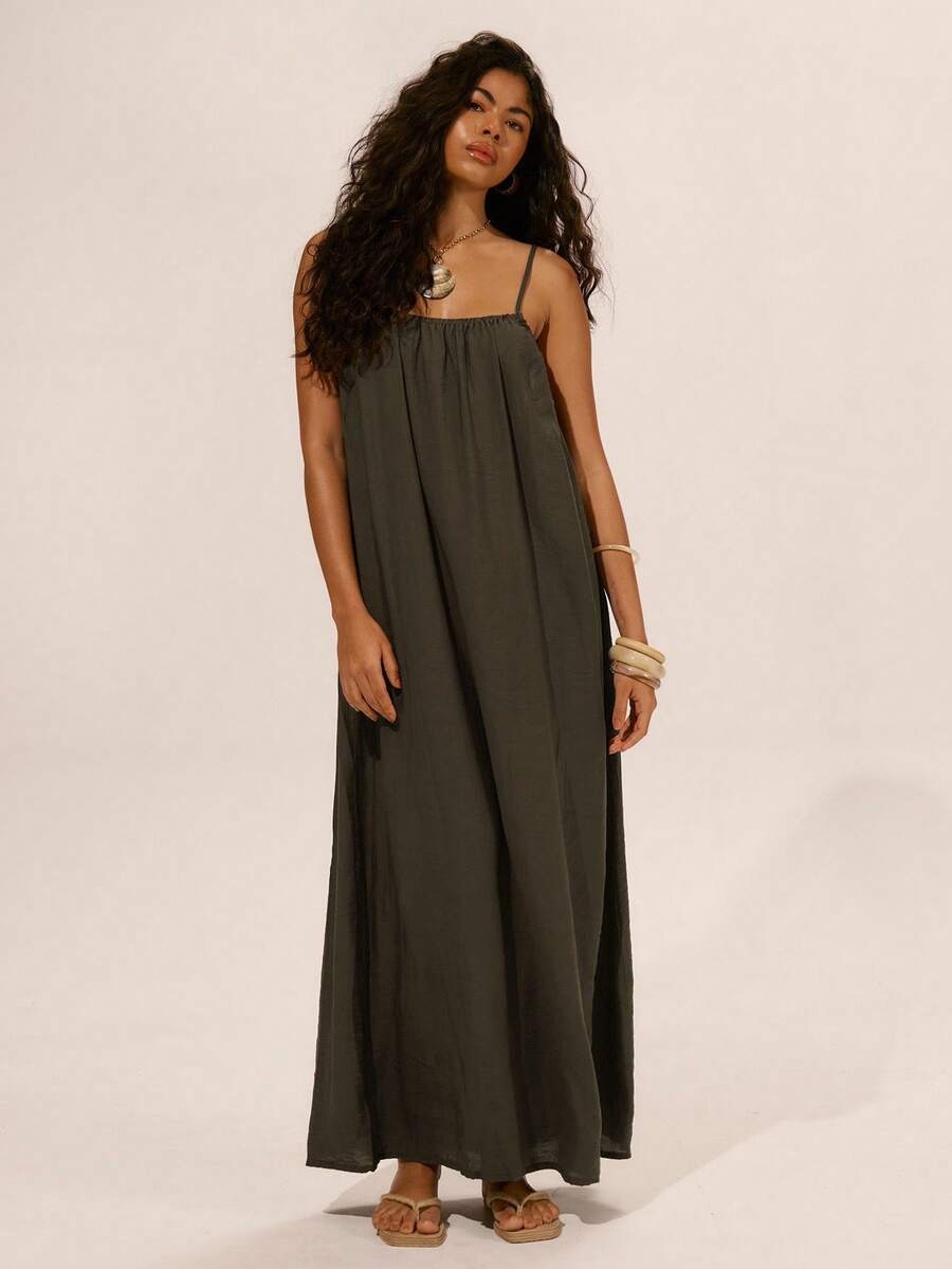 Musera Resort 亚麻吊带宽松直筒长裙 春夏伊比沙岛假日可爱浪漫节日度假沙滩装超凡海滩秋冬圣诞节 - 軍綠色 - 查看 1