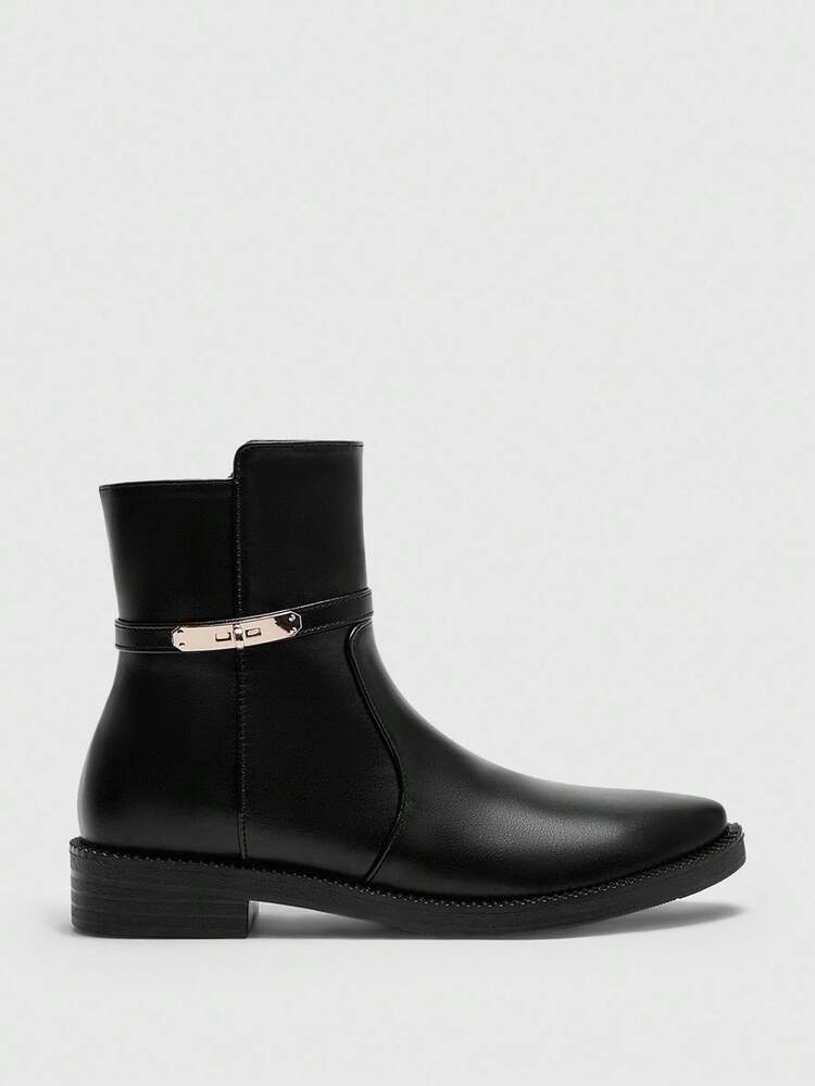 CUCCOO BIZCHIC Women's Outdoor Ankle Boots, Fashion Basic Commuter Comfortable Casual Black Boots, Thick Sole Anti-Slip Side Zipper Boots With Metal Decor, Suitable For Christmas And New Year Holidays, Autumn/Winter Atmosphere. Spring Shoes