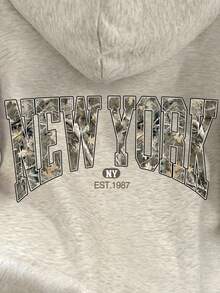 SHEIN 休闲宽松迷彩字母印花落肩抽绳卫衣 - 淺灰色 - 查看 5