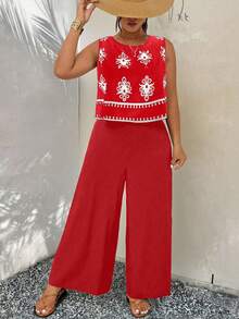 EMERY ROSE Plus Size Women Summer Casual Vacation Floral Satin Print Sleeveless Loose Tank Top And Wide Leg Pants Set