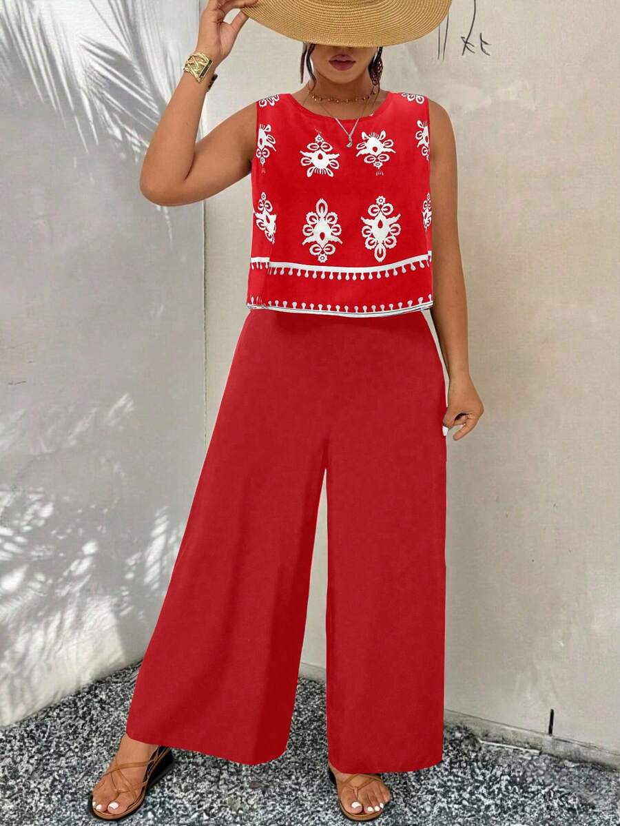 EMERY ROSE Plus Size Women Summer Casual Vacation Floral Satin Print Sleeveless Loose Tank Top And Wide Leg Pants Set