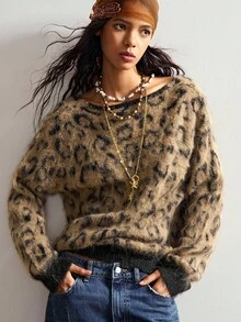 Bohemela 波西米亚风秋冬外套，女士复古红色豹纹斜肩宽松针织套头衫V领毛绒毛衣，西部乡村风格音乐会度假装，适合度假、日常穿着、返校季、圣诞节、新年等场合。 - 黃色 - 查看 5