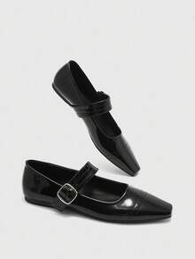 CUCCOO BIZCHIC Women's Fashion Simple Elegant Square Toe Buckle Flat Shoes - Black - View 9