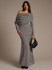 Aloruh Women's Off-Shoulder Ruched Long Sleeve Bodycon Prape Grey Maxi Dress, Fall/Winter - Dark Grey - View 6