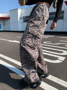 DAZY Women's Leopard Print Elastic Waist Drawstring Casual Loose Cargo Pants - Brown - View 3