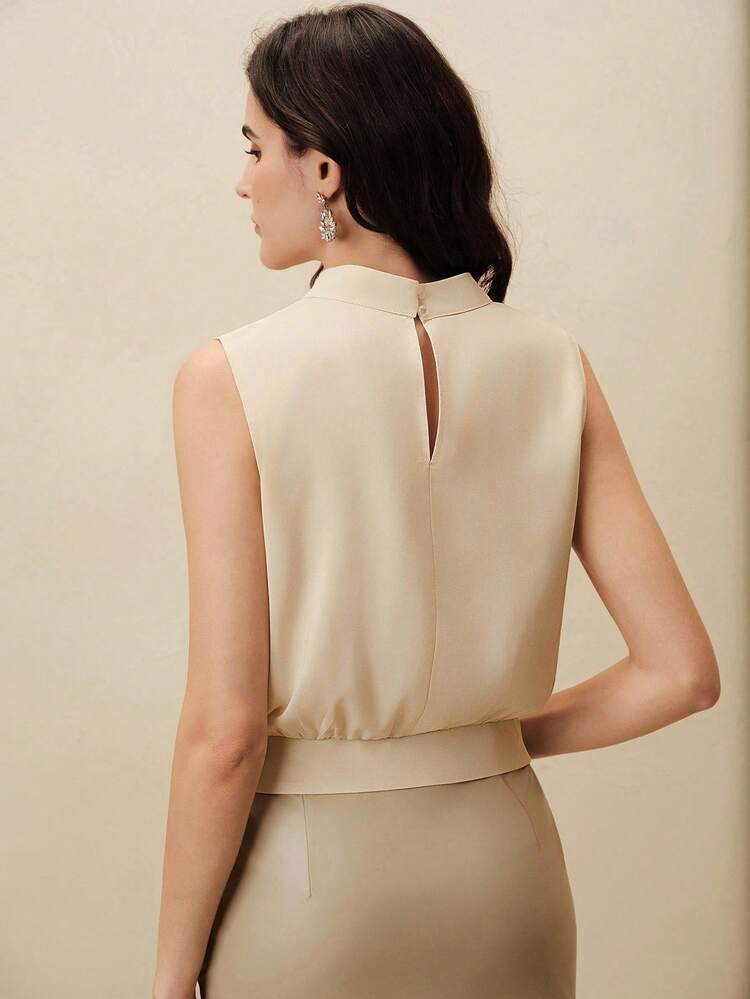 Elegant Apricot Floral Decor Pleated Collar Sleeveless Top For Women