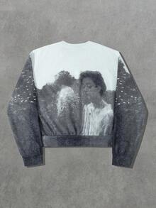 ROMWE MEN Street Life Men's Blurred Portrait Print Loose Fit Pullover Sweatshirt, Fall - Black and White - View 2