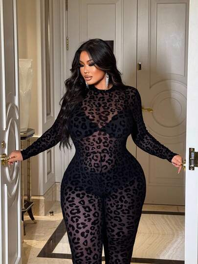 NU&NOW Plus Size Fashionable Sexy Leopard Print Jumpsuit Fall Cloth For Women