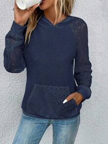EMERY ROSE Hollow Out Hooded Long Sleeve Sweatshirt - Navy Blue - View 6
