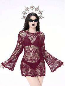 ROMWE Goth Sexy Solid Color Crochet Hollow Sheer Cover-Up, Suitable For Beach Vacation - Burgundy - View 1