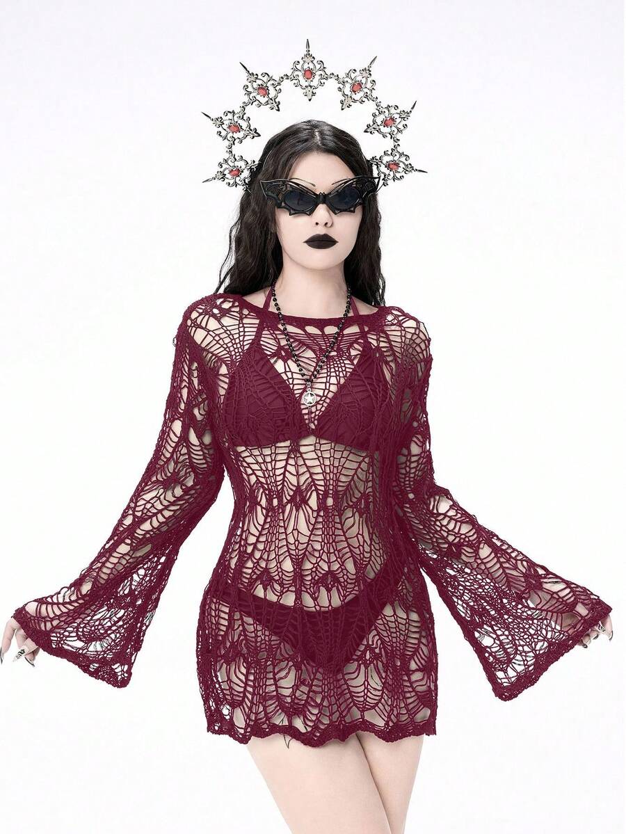 ROMWE Goth Sexy Solid Color Crochet Hollow Sheer Cover-Up, Suitable For Beach Vacation - Burgundy - View 1