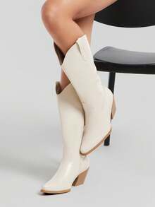 Solezae #WesternClassic Women's Snip Toe Mid Block Heel Premium Oil-Finish Vegan Leather Beige Side Zipper Cowboy Boots – Sleek Silhouette With Timeless Rodeo Appeal