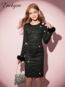 Robe de soirée à manches longues en tricot serré avec paillettes pour filles