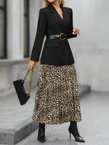 EMERY ROSE Women's Solid Color Belted Jacket, Leopard Print Pleated Skirt Suit Blazer Skirt Set Blazer Set Women Leopard Skirt Suit Fall Clothes For Women Cheetah Print Skirt Cheetah Skirt Outfit Going Out Outfit Chic Women's Set Office Outfits For Women