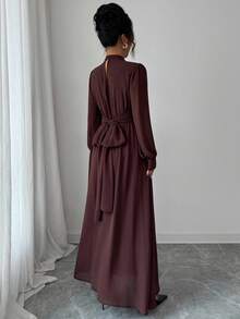 Elenzga 女士休闲、通勤、度假、下午茶、派对纯色棕色雪纺立领宽松交叉系带腰部 A 字形蝴蝶结衬里长袖长裙，春/秋/冬 - 棕色 - 查看 2