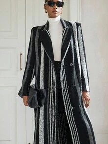 Aveloria Modichic Abrigo holgado de estilo británico con rayas negras y blancas, elegante para el otoño/invierno - Blanco y Negro - Ver 4