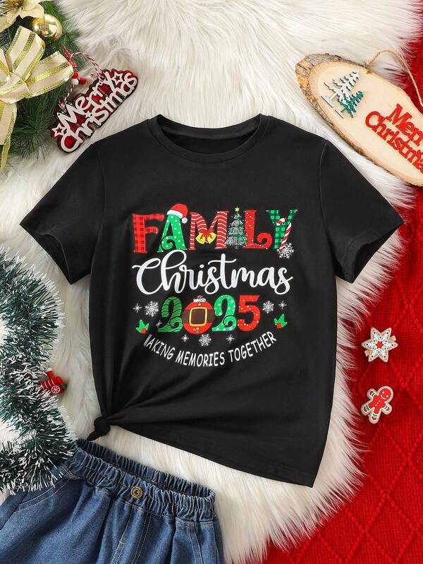 Camiseta feminina com estampa de letras de Natal, manga curta e gola redonda, casual e confortável