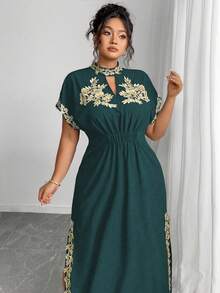Elenzga 大码女式优雅纯色浪漫刺绣贴花派对鸡尾酒会音乐节度假百搭设计长袖超长连衣裙，春夏 - 墨綠色 - 查看 2