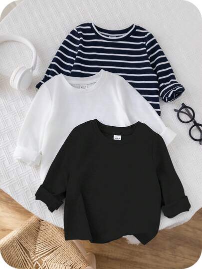 SHEIN Baby Boy 3pcs Spring/Fall Black & White Striped Solid Color Crew Neck Long Sleeve Tops, Soft & Comfortable Casual Outfits Suitable For Home & Outdoor Chic Outfits For Autumn/Winter
