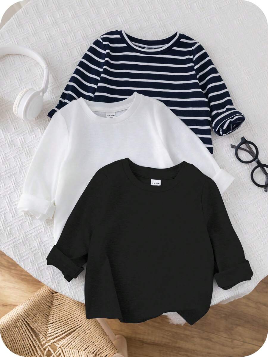 SHEIN 男婴三件套春秋季黑白条纹纯色圆领长袖上衣,柔软舒适,休闲百搭,适合居家及户外穿着,时尚秋冬款 - 彩色 - 查看 1