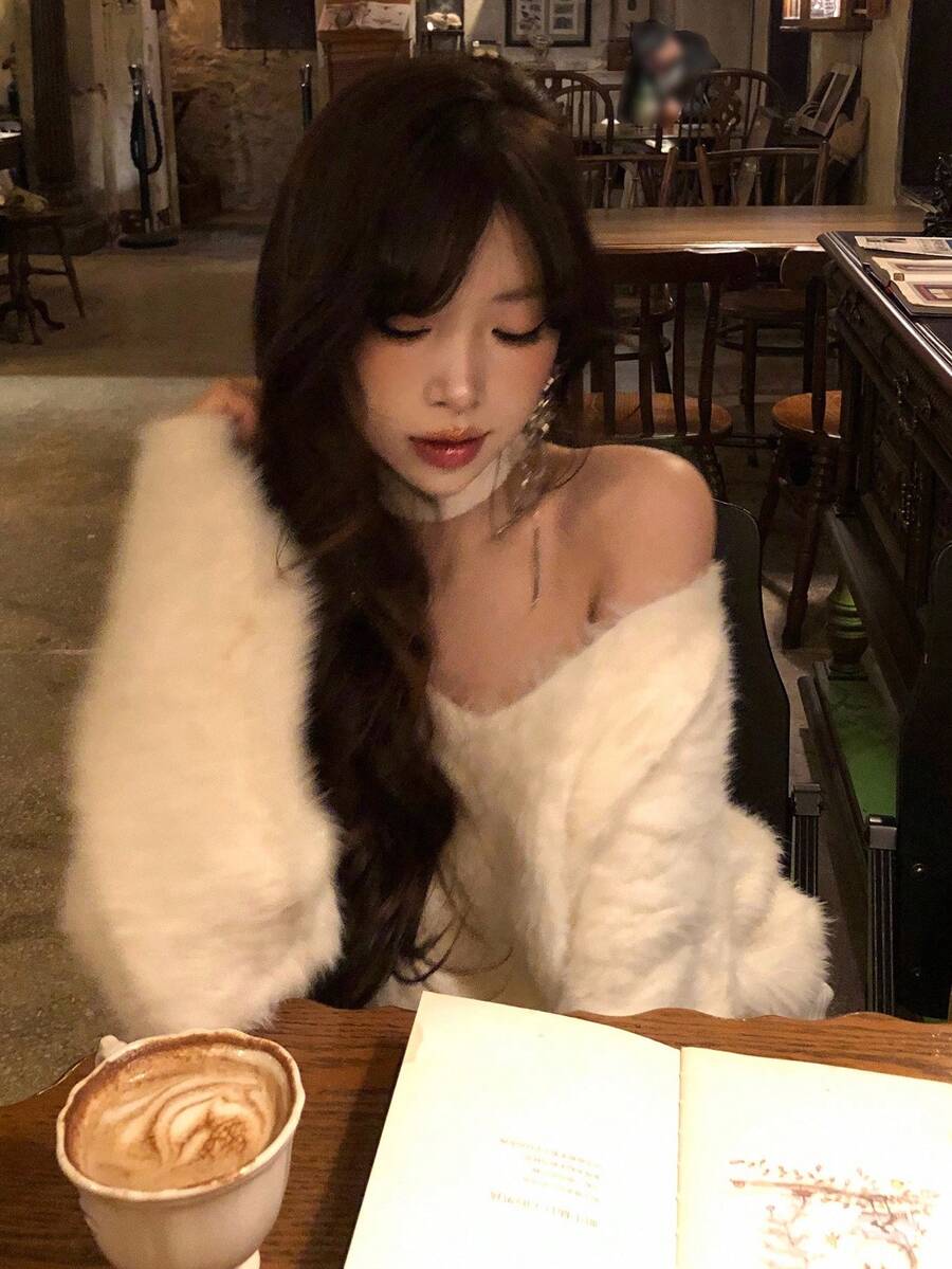 DAZY Suéter holgado con cuello de pico y diseño de cuello caído, para otoño/invierno - Beis - Ver 1