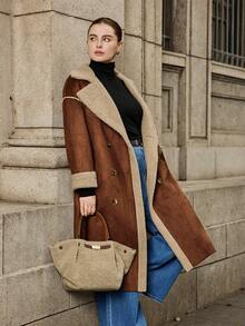 Easura Plus Size Women Faux Shearling Long Sleeve Mid-Length Jacket, Fashionable Winter Fall Autumn